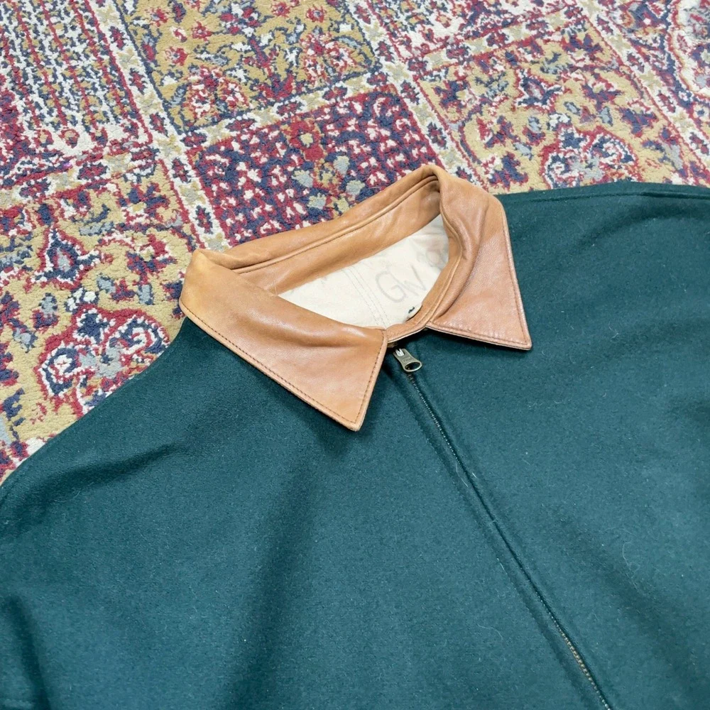 VTG 80s 90s Bullock & Jones Wool Leather Trim Bomber Jacket Green 44 Harrington - Picture 3 of 8
